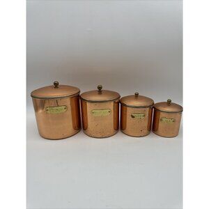 Vintage Copper Revere Ware Stamped Brass Canister Set Of 4 Patina Farmhouse
